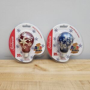 LOT OF 2 Sunbeam Hand Painted Series Art Light Bulbs 25W Snowflake Red Blue NEW